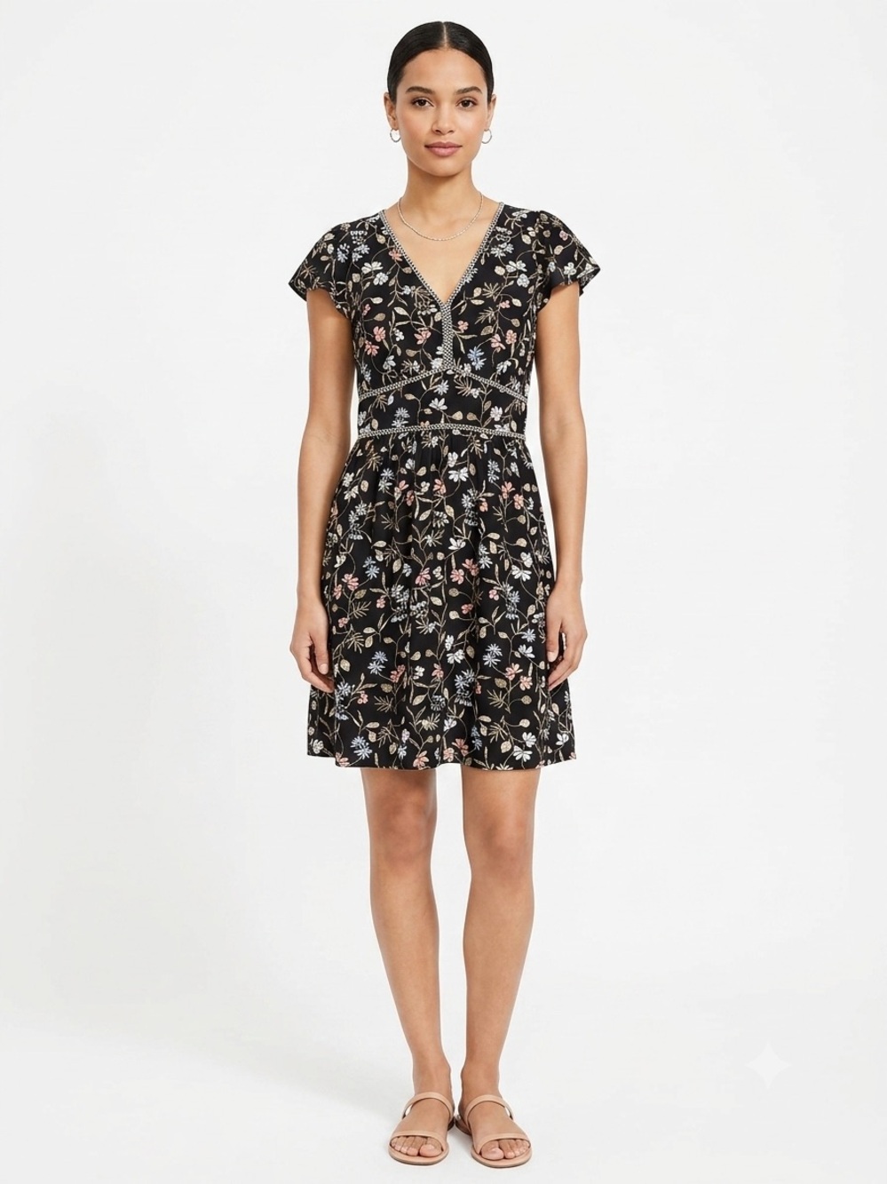 Loft Black Floral Print Dress Women's Size 6 Cap Sleeve V-Neck Casual Summer